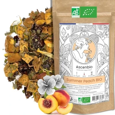 Image de Ascenbio ✿ Infusion Summer Peach BIO Saveurs naturelles et fruitées PECHE / ICE TEA 180 g vrac Préparé conditionné en France Emballage biodégradable
