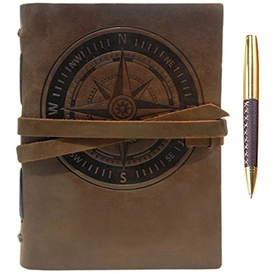 Afbeelding van Notitieboek van echt leer, dagboek met kompas, reliëf, A5, reisdagboek, handgemaakt, vintage, schrijven, notebook voor mannen en vrouwen, antiek, rustiek lederen notitieboek, 21 x 15 cm