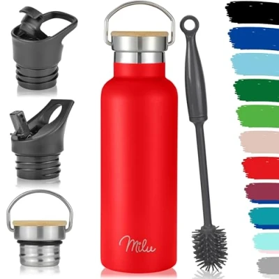 Afbeelding van Milu Roestvrijstalen drinkfles, 350 ml, 500 750 1000 ml (+ 3 deksels) thermosfles met rietje, lekvrije dubbelwandige thermosfles, geschikt voor koolzuurhoudende dranken (rood, ml)