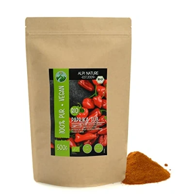 Afbeelding van biologische zoete paprika (500 g), gemalen paprika, biologisch paprikapoeder van gecertificeerde teelt, glutenvrij, lactosevrij, laboratoriumgetest