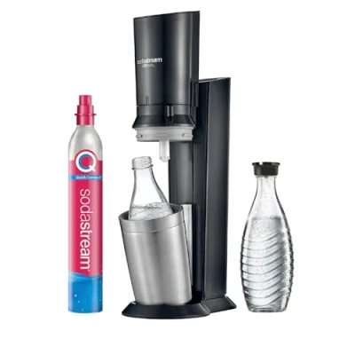 Afbeelding van SodaStream Crystal 3.0 bruiswatertoestel met 1 Quick Connect CO2 cilinder en 2 glazen karaffen, zilver, zwart, titanium, 45 cm