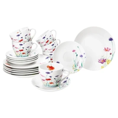 Afbeelding van MamboCat Marie 18 delig koffieservies, porseleinen servies met bloemenweidedecoratie voor 6 personen, kopjes à 190 ml, schoteltjes en borden ontbijt koffie
