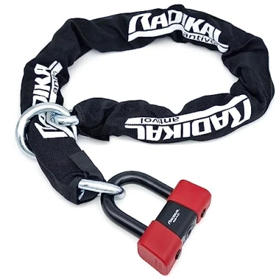 Afbeelding van RADIKAL RK48120L sleutelslot voor motorfiets, SRA goedgekeurd, ketting ø13,5, hoge veiligheid, met Mini U ø18, gecementeerd staal, 120 cm, zwart, rood