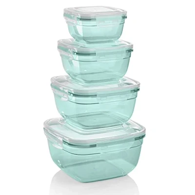 Afbeelding van Grizzly Set van 4 vierkante vershouddozen (0,5 l, 0,9 1,5 2,4 l) kunststof, 100% luchtdicht/waterdicht, magnetronbestendig, mint
