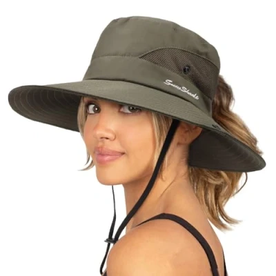 Afbeelding van DRESHOW Vrouw Zonnehoed Outdoor UV bescherming Hoed Opvouwbare Brede Rand Paardenvissen Staart UPF 50+, 1 verpakking: donkergrijs