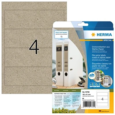 Afbeelding van HERMA 10760 Set van 80 zelfklevende ordneretiketten, 192 x 61 mm, 4 per A4 vel, zelfklevend, bedrukbaar, ondoorzichtig, wit, silphie papier, natuurbruin,
