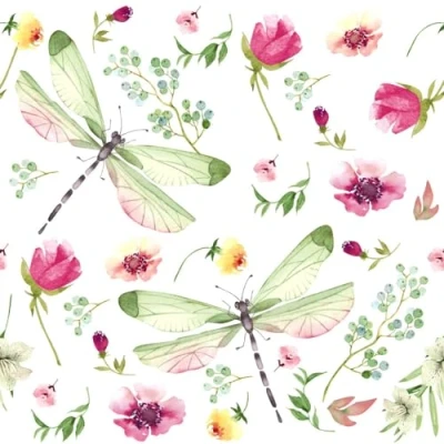 Afbeelding van 20 stuks papieren servetten met bloemenmotief en libellen op de bloemenzee, ook geschikt voor decoupage servettechniek, 33 x cm