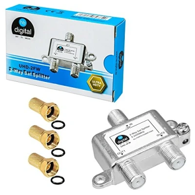 Afbeelding van HB DIGITAL BK FM 2 weg satellietsplitter 5 2400 MHz digitaal analoog compatibel met DVB S S2 TV satellietkabel via C kabel + bijpassende F stekker