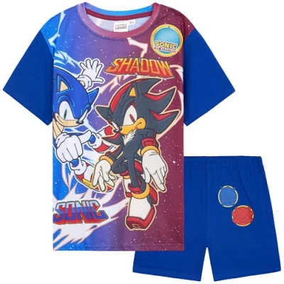 Afbeelding van Get Trend Pyjama voor jongens, korte mouwen, schaduwset, T shirt en shorts, pyjama, nachtkleding, cadeau Sonic Blauw, 9 10 jaar