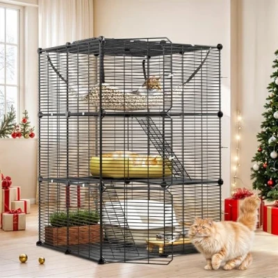 Afbeelding van YITAHOME kattenkooi met 3 niveaus om zelf te monteren, dichte metaaldraad, kattenhok extra grote hangmat voor 1 2 katten, fretten, chinchilla, konijnen, kleine