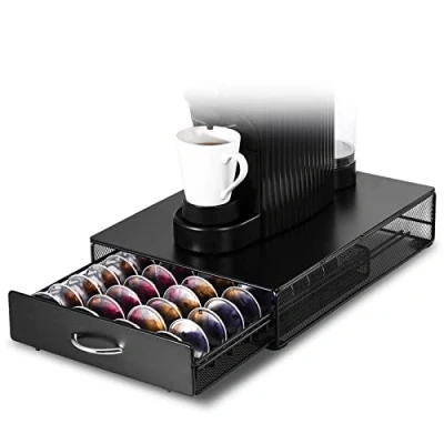 Afbeelding van SYSYLY Capsulehouder voor 40 Vertuo capsules, koffiemachinehouder met opbergladen, Vertuoline pads, dispenser / organizer capsules van metaal