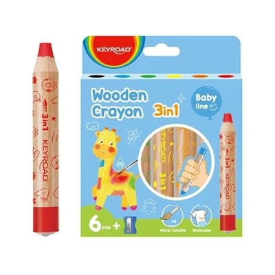 Afbeelding van Keyroad Jumbo KR972328 Set van 6 wateroplosbare 3 in 1 waskrijt/aquarelpotloden + puntenslijper/kleurpotloden voor kinderen, jongeren en volwassenen, veilig niet giftig,