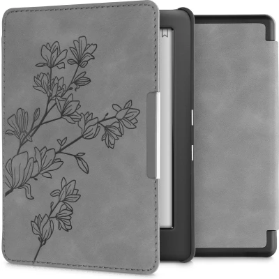 Afbeelding van kwmobile e reader hoesje geschikt voor Kobo Glo HD / Touch 2.0 hoes Ereader flip case met standaard Kunstleren cover Magnolia design in grijs