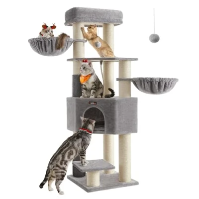 Afbeelding van Feandrea PCT003N01 Krabpaal met zelfverwarmende dekens, voor grote katten, kattenboom, 2 kattenborstels, 9 dikke stammen van 11,1 cm in diameter, platforms, hol, 50 x 160 cm,