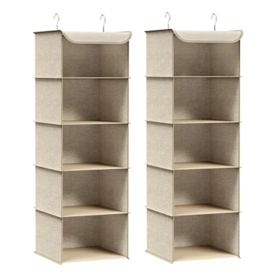 Afbeelding van SONGMICS RCH005Y02 Hangrek, organizer, kledingkast, opvouwbaar, ruimtebesparend, kastopslag, met metalen haken, versterking van bamboe, motief linnen, zandbeige