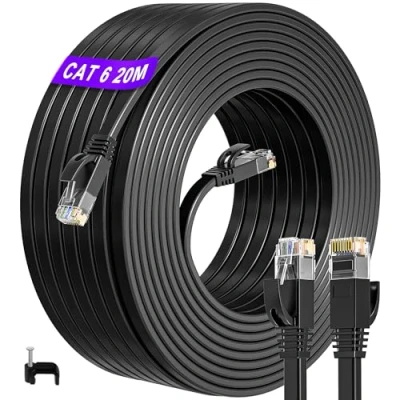 Afbeelding van Ethernet kabel, 20 m, Cat 6 RJ45, hoge snelheid, netwerkkabel, buiten, binnen, plat, 1000 Mbps, lange ethernetkabel, UTP, 250 MHz, waterdicht, LAN kabel voor router PS4/5 Switch (20