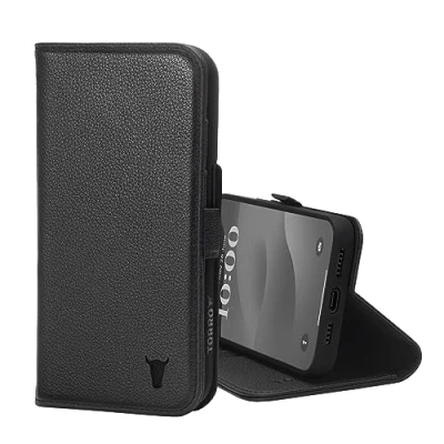 Afbeelding van TORRO Compatibel met iPhone 15 Pro Max, premium lederen portemonnee hoesje standfunctie en kaarthouder, zwart