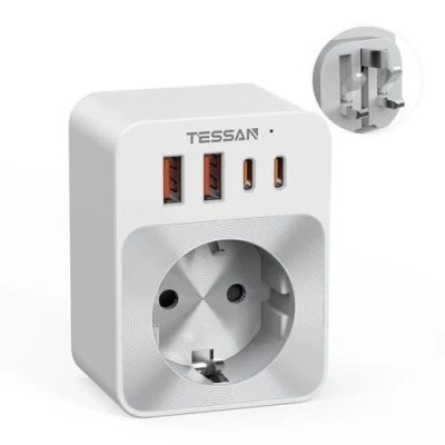 Afbeelding van TESSAN Engelse stekkeradapter, 5 in 1 Londense stekker, Franse adapter met 2 USB C en A, 3250 W, adapter, snel opladen, C, 20 type G voor Ierland, VK