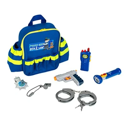 Afbeelding van Klein Toys politieagent rugzak 28x25x8,5 cm incl. accessoires, verstelbare riemen en een grote opening voor het makkelijk pakken opbergen blauw geel