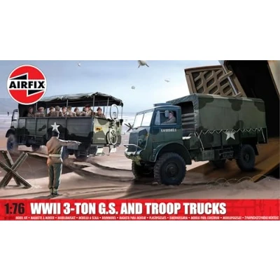 Afbeelding van 1:76 Airfix 03306A WWII Bedford QL 3 Ton Algemene Service en Troepentransportvrachtwagens Plastic Modelbouwpakket