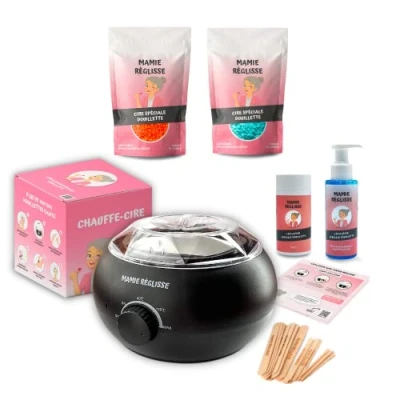 Afbeelding van Speciale ontharingsset voor zachte MAMIE 1 waxverwarmer 2 zakjes was ontharing 20 houten spatels verfrissende gel talk