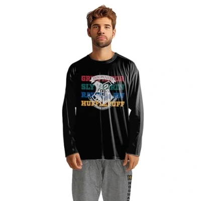 Afbeelding van Harry Potter Hogwarts pyjamaset voor heren, top met lange mouwen en broek, grijs/zwart, Beige/Rood, XXL