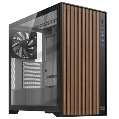 Afbeelding van NEWWAY 2024 Nieuw NW1 PC behuizing met houten voorkant Midtower compatibel ATX/Micro ATX/ITX Type C USB Inclusief ventilatoren 3x140MM PWM Zijpaneel gehard glas (zwart)