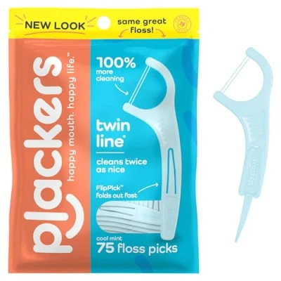 Afbeelding van Plackers Twin Line Dental Flossers Cool Mint 75 Stuks Dubbele Floss Super Tuffloss Effectieve Reiniging