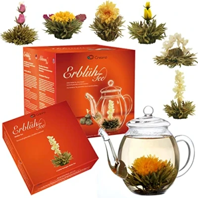 Image de Creano Fleurs de Thé dans Coffret Cadeau « en Floraison » avec Théière Verre blanc (6 Sortes différentes)
