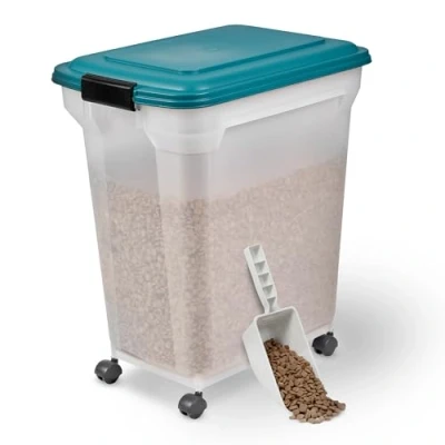 Afbeelding van Iris Ohyama, Droogvoer voor honden, luchtdicht, met wieltjes, 45 l/15 kg, blauwgroen, klapdeksel waterdichte afdichting, kunststof, katten, lekkernijen, container droogvoer,