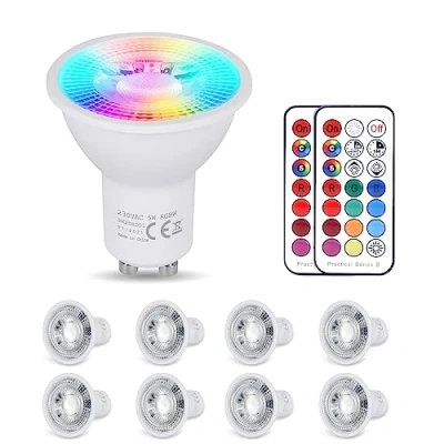 Afbeelding van YAYZA! Ledlamp, GU10, dimbaar, warmwit, 5 W, 3000 K, RGB, kleurverandering, 450 lm (komt overeen met 50 W), 12 kleuren, modi, timing, afstandsbediening lamp (8 stuks)