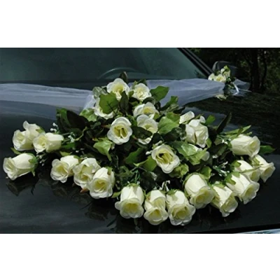 Afbeelding van Kanten autoboeket, autoversiering, bruidspaar, rozen, decoratie, huwelijk, auto, bruiloftsdecoratie (wit 4)