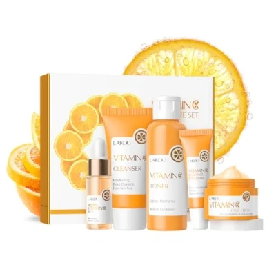Afbeelding van LAIKOU Cadeauset voor dames, gezichtsverzorging, 5 delig, gezichtsserum met vitamine C, C serum, reiniger, tonic, oogserum, crème, tieners en vrouwen