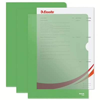 Afbeelding van Esselte, Premium hoekmap A4, materiaal graine, mat, transparant, groen, polypropyleen 115 microns, 100 stuks, 54838