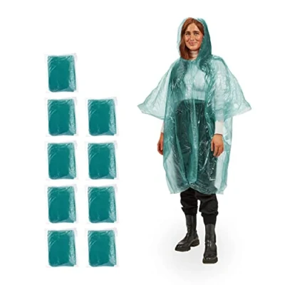Afbeelding van Relaxdays regenponcho set van 10 poncho met capuchon regenkleding cape groen
