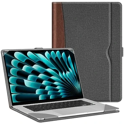 Afbeelding van Fintie Beschermhoes compatibel met MacBook Air 15 M3 M2 chip (2024 2023) A3114 A2941, gemaakt van hoogwaardig PU leer, 15,3 inch, grijs
