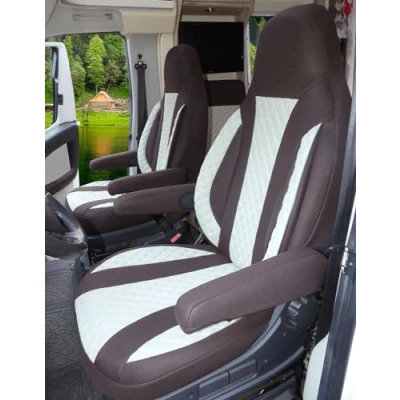 Afbeelding van BREMER SITZBEZÜGE Set van 2 op maat gemaakte stoelhoezen geschikt voor Fiat Ducato, Citroën Jumper, Peugeot Boxer, beschermhoezen met armleuninghoezen, WPL411, bruin/beige