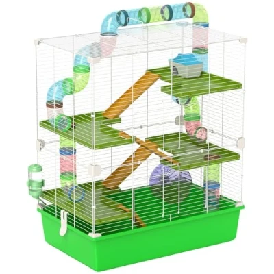 Afbeelding van PawHut Grote hamsterkooi voor knaagdieren, 5 niveaus, met tunnels, waterbak, speelgoedladders, afmetingen: 59 x 36 69 cm (l b h)