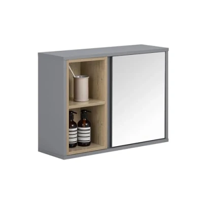Afbeelding van SoBuy Wandkast met spiegel voor badkamer, hangende opbergkast, hoge badkamerkast deur en 2 open vakken, 60 x 20 45 cm, grijs, BZR149 DG