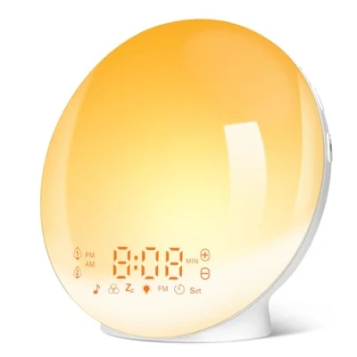 Afbeelding van Wake up Light Zonsopgang Wekker met zonsondergang Simulatie Nachtlampje 20 Niveaus Helderheid FM radio 2 Alarmen 7 Natuurlijke Geluiden Snooze Functie Kleuren Sfeer Lamp USB Port, Ideaal als Gift