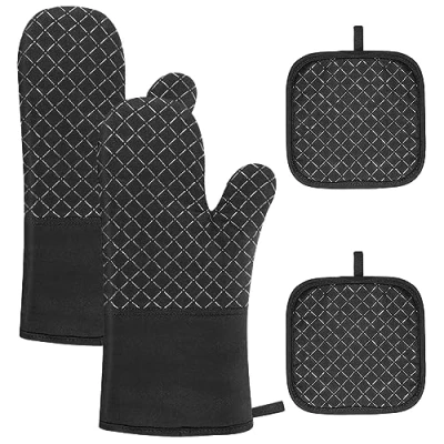 Afbeelding van Set van 2 ovenhandschoenen, pannenlappen, katoenen brandwerende handschoenen, keukenhandschoenen, geschikt voor koken, grillen, magnetron, zwart