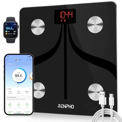 Image de RENPHO Balance Pèse Personne Rechargeable USB, Connecté Bluetooth Impedancemetre avec 13 Données Corporelles (BMI/Muscle/Eau/Graisse Corporelle), 11&quot;x11, 400bl/180kg, Noir
