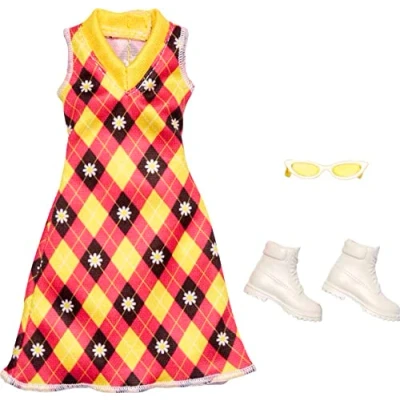 Afbeelding van Barbie Outfit Geel/Roze Jurk, Witte Schoenen en Zonnebril kleding