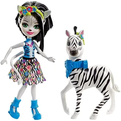 Afbeelding van Enchantimals Mini pop met scharnier, Zelena Zebra en grote dierenfiguur, Hoefette, zwart wit, stoffen rok, kinderspeelgoed, FKY75