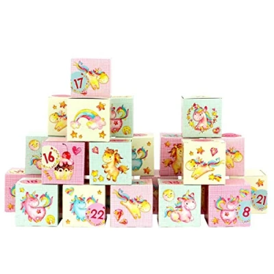 Afbeelding van Papierdrachen adventskalender om zelf te vullen dozen set kleurrijke eenhoorns in roze 24 neer zetten en Kerstmis 2020