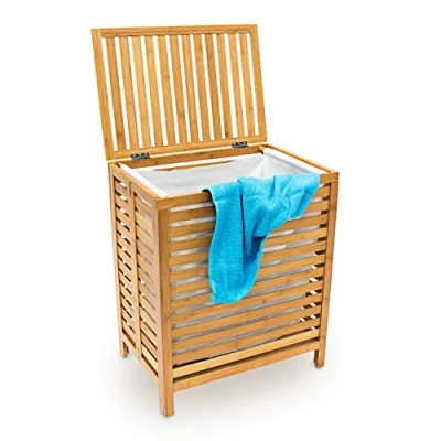 Afbeelding van Relaxdays Wasmand Houten was mand Bamboe hout 100 liter met deksel 60x50,5x35,5HBD