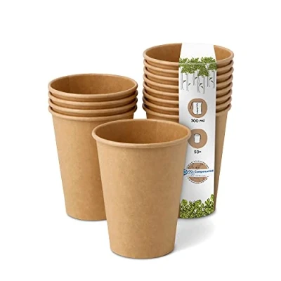 Afbeelding van Greenbox 50 Wegwerpbekers, biologisch afbreekbare papieren bekers voor drankjes/koffie, met PLA coating, bruin, ongebleekt, 300 ml