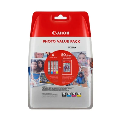 Image de Canon CLI 571 C/M/Y/BK Photo Value Pack de 4 7 ml noir jaune cyan magenta original 100 x 150 mm 50 feuille(s) réservoir d&#039;encre/kit papiers pour PIXMA TS5051 TS5053 TS5055 TS6050 TS6051 TS6052 TS8051 TS8052 TS9050 TS9055