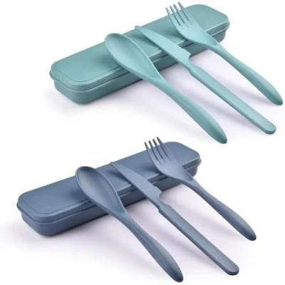 Afbeelding van Set van 2 herbruikbare bestekset met etui, vork, mes, lepel, draagbare kunststof voor picknick, school, kantoor, lunch (1)