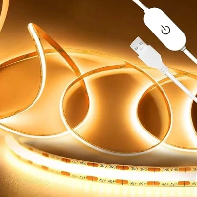 Afbeelding van WNSNOU USB ledstrip, 5 V, warmwit, 3000 K, 2 m, tv verlichting, 640 leds, dimbaar, COB led, CRI90+ flexibele lichtstrip voor slaapkamer, huis, doe het zelf verlichting (3000 m)